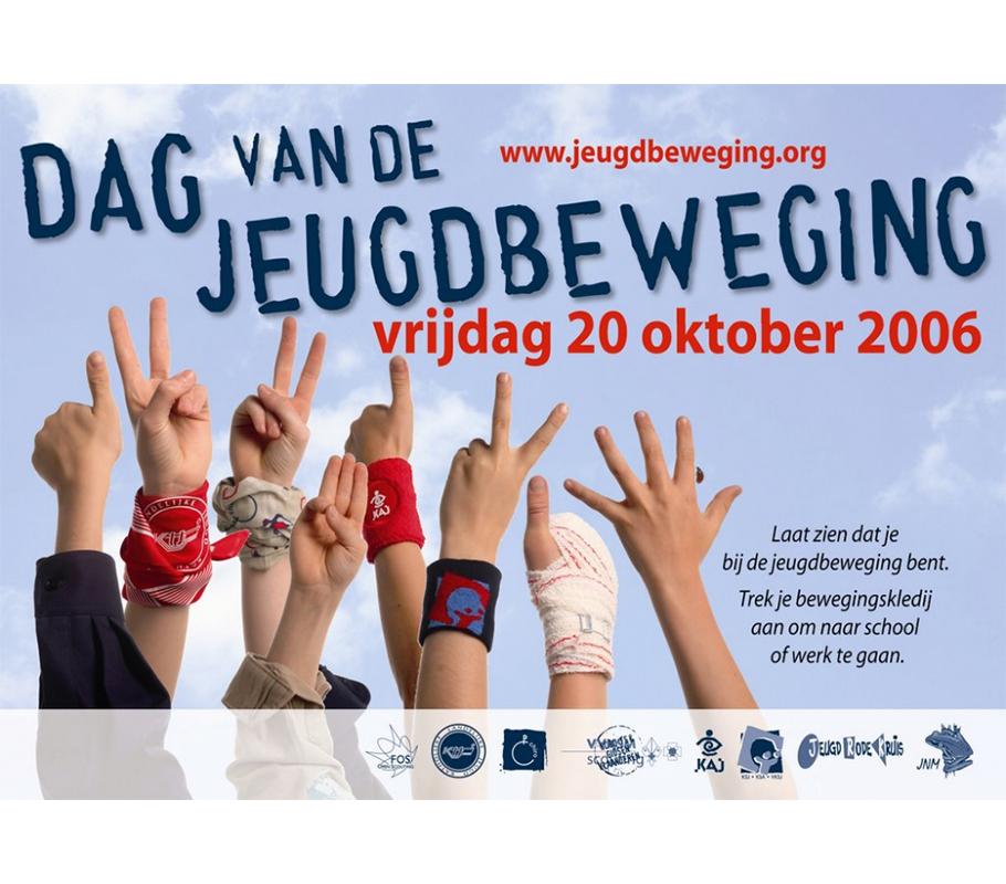 Affiche 2006 Handen in de lucht met de jeugdbewegingskleuren